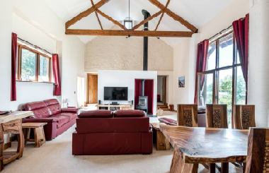 The upstairs lounge with A-frame beams